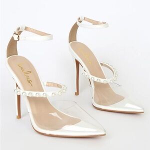 Pearsie White Vinyl Pearl Studded Ankle Strap Pumps